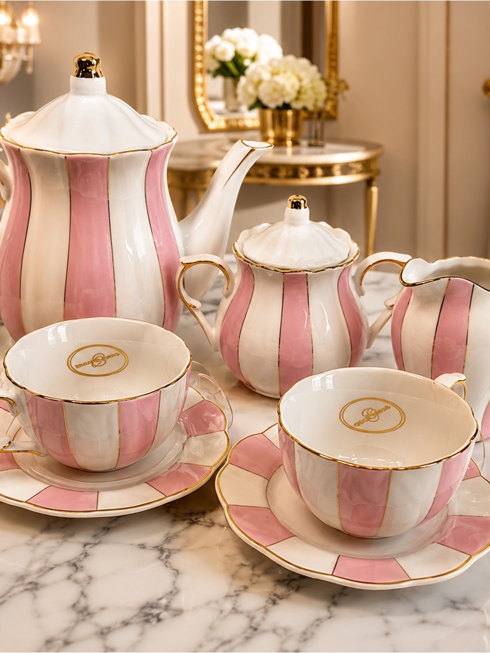 Elegant Pink & White Striped Porcelain Tea Set with Gold Trim